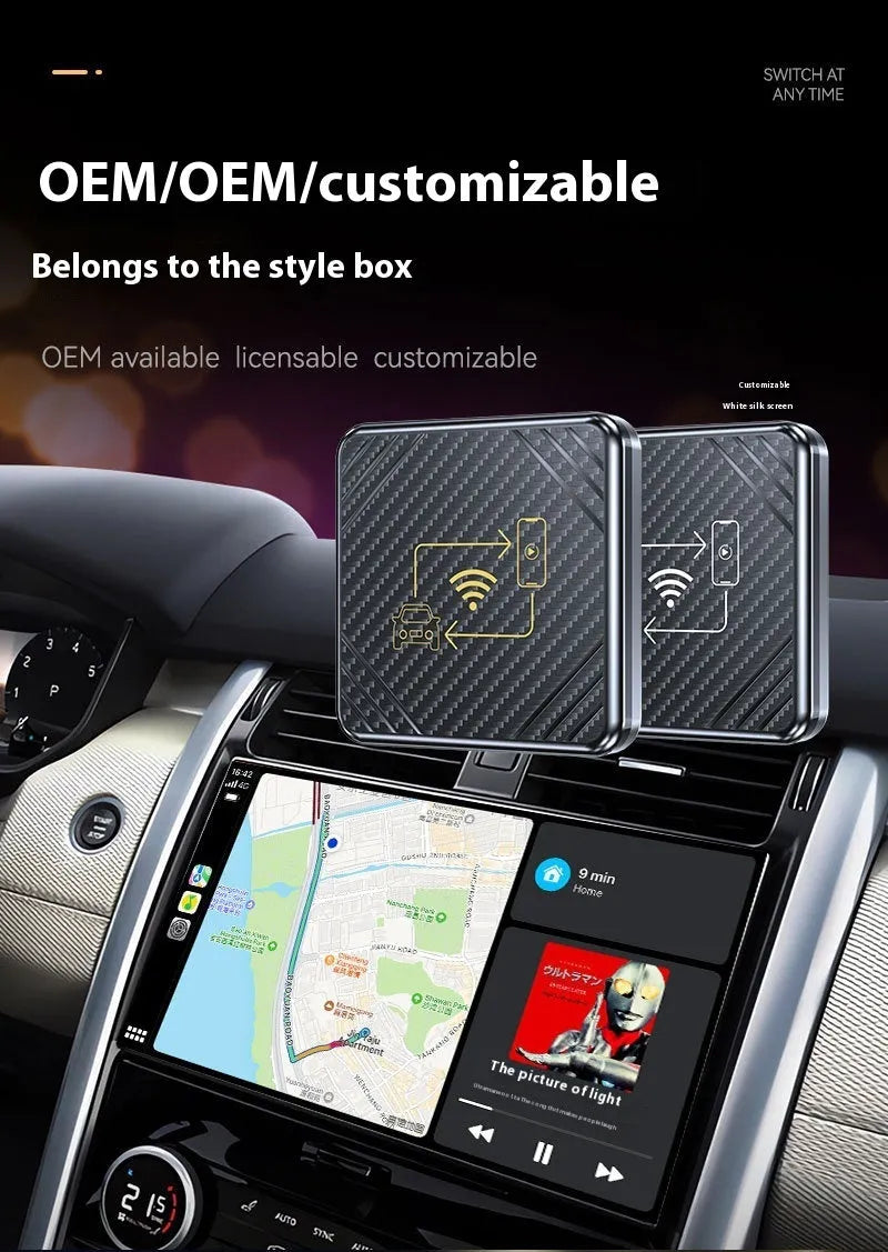 Wireless CarPlay and Android Auto smart box adapter in ABS plastic with USB connection