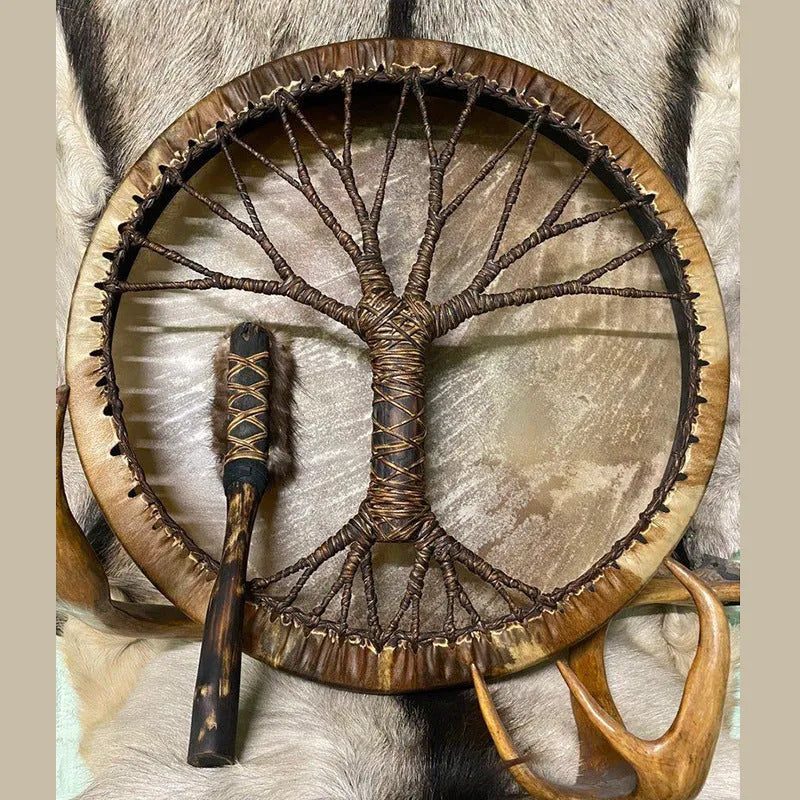 25cm handmade birch Tree of Life shaman drum with drumstick, shown in grass green, black, or blue