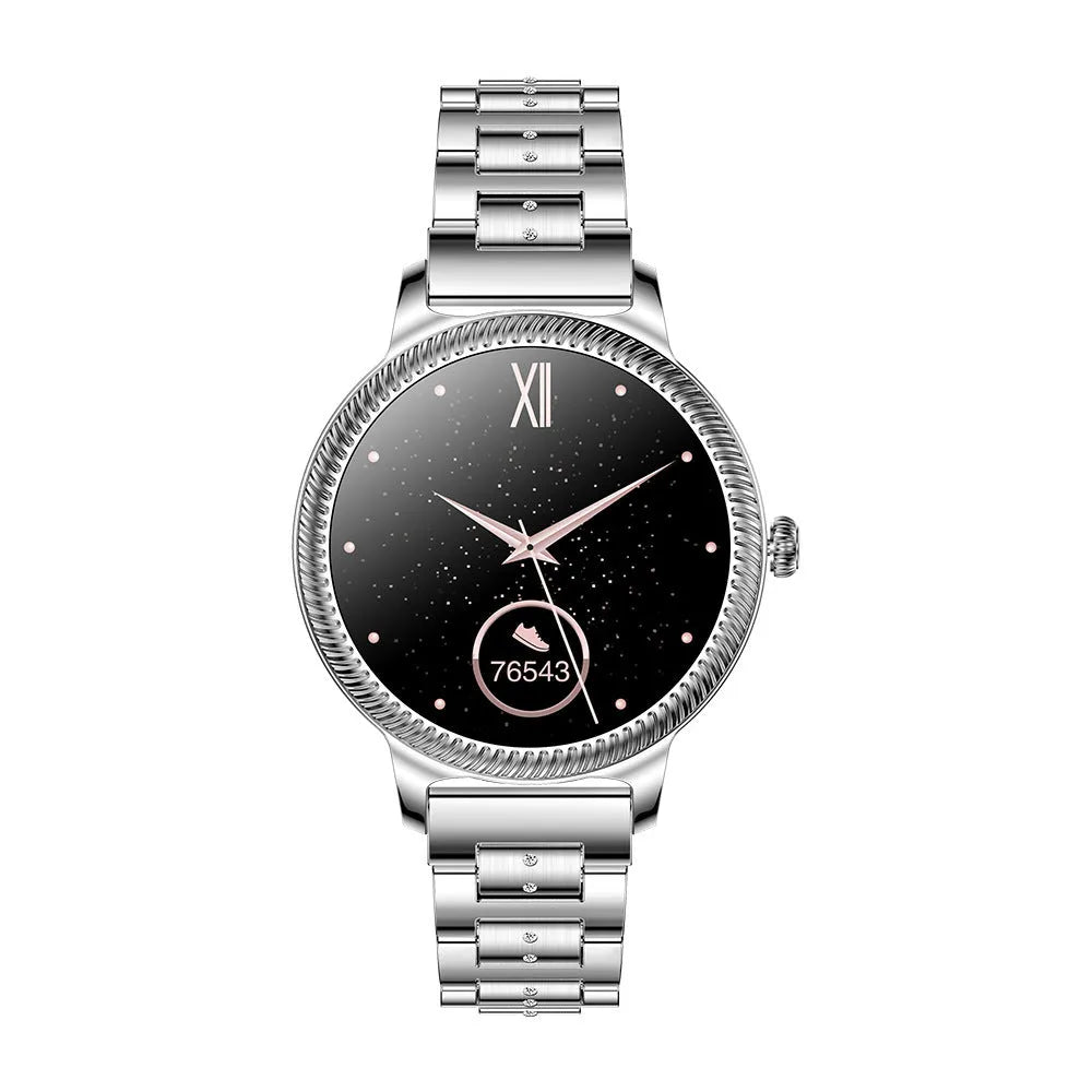 AK38 ladies smart watch with stainless steel Milanese band and a lit 1.09-inch colour screen.