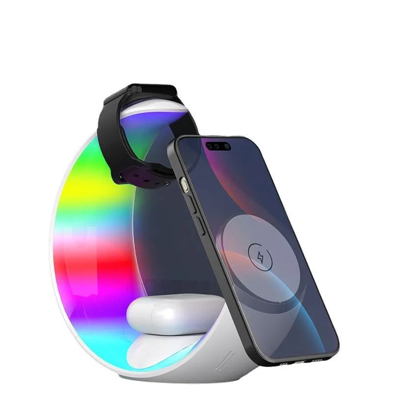 White 4-in-1 wireless charging ambient lamp with QC3.0 fast charging for phones watches headsets