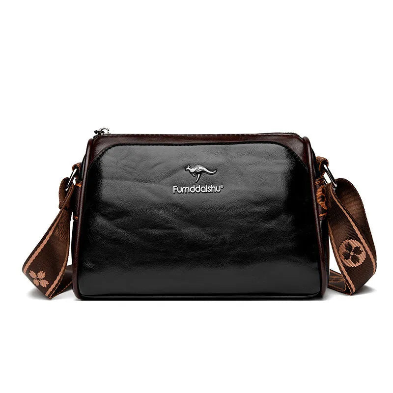 Oil wax leather women's crossbody bag with double-sided design and sandwich pocket in beige
