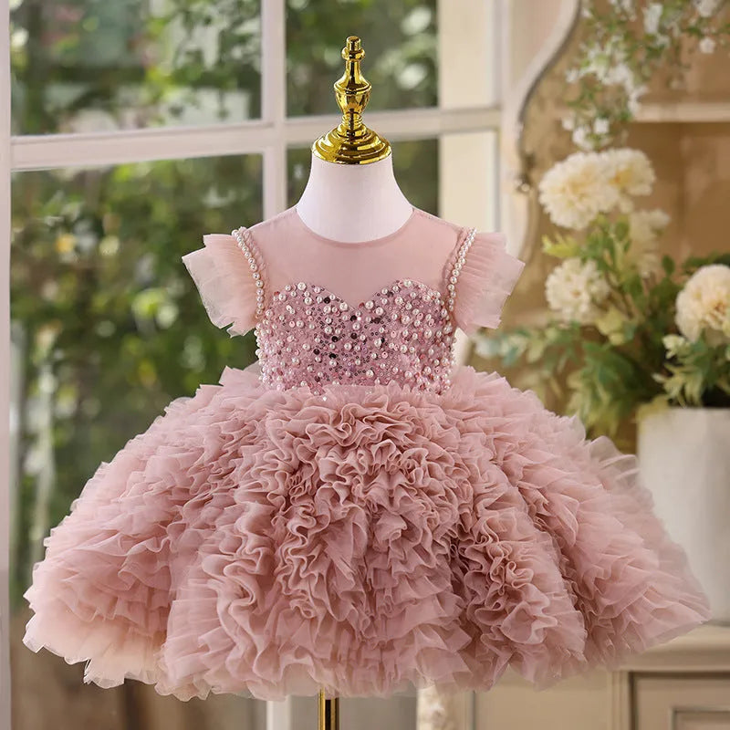 Children's princess pettiskirt in bean pink with tiered tulle layers polyester fabric