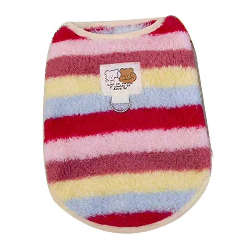Striped fuzzy two-legged dog coat with integrated leash ring and bear cloth label, for small and medium dogs