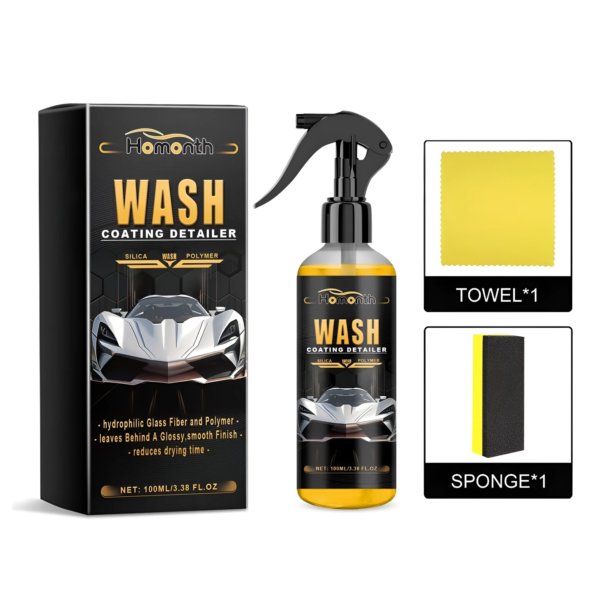 Wash coating detailer kit with PET bottle, sponge, and microfibre cloth for car gloss.