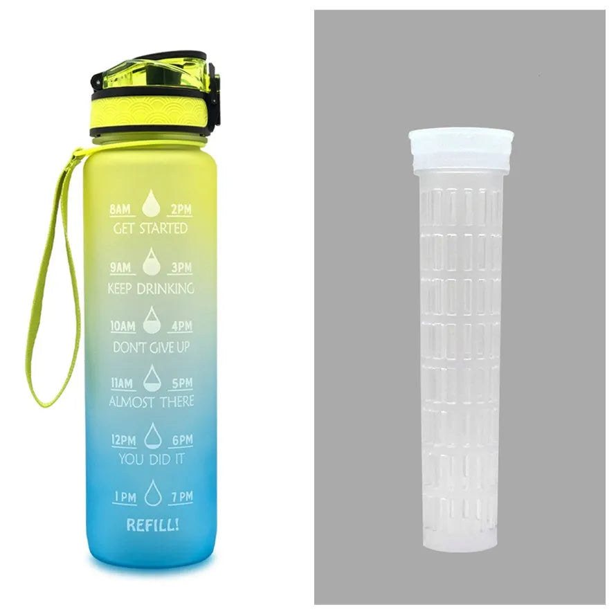 Blue and red gradient 1 litre Tritan sports water bottle with time markers and a black flip-top lid.