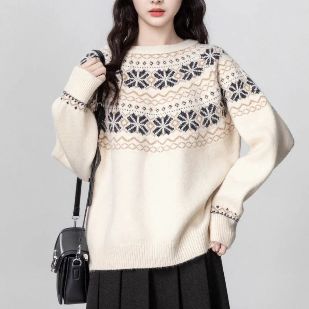 Milky White women's vintage Fair Isle geometric pattern pullover sweater with a loose fit and crew neck.