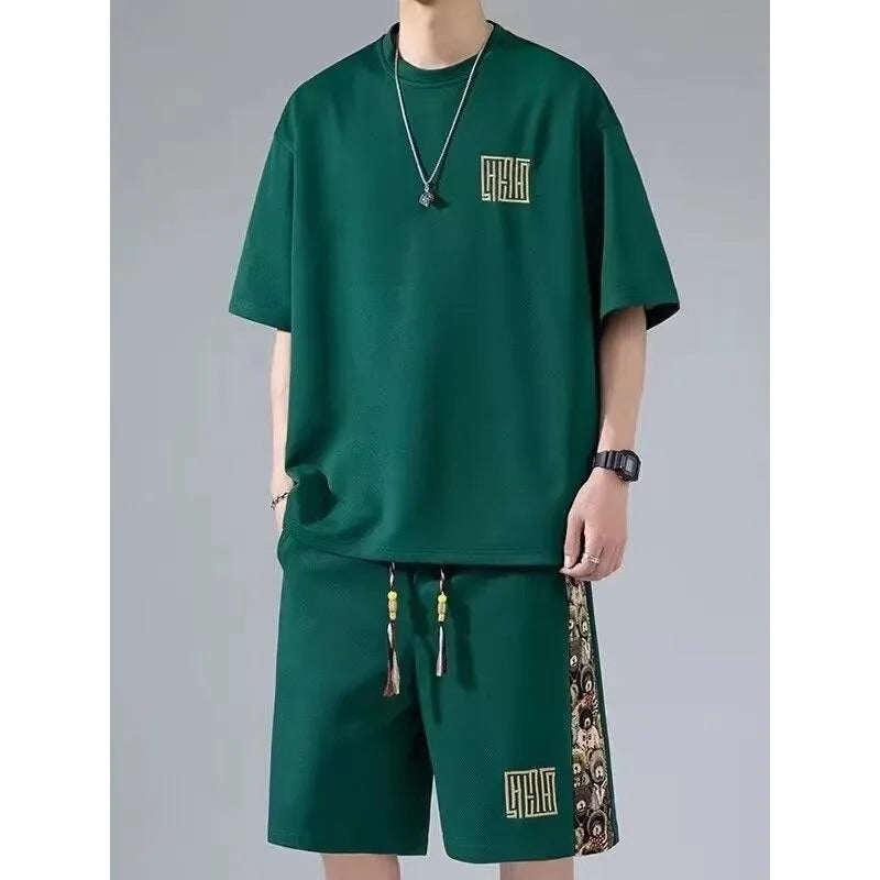Waffle embroidery two-piece set with short sleeve top and shorts in thin polyester, sports style, black white green apricot