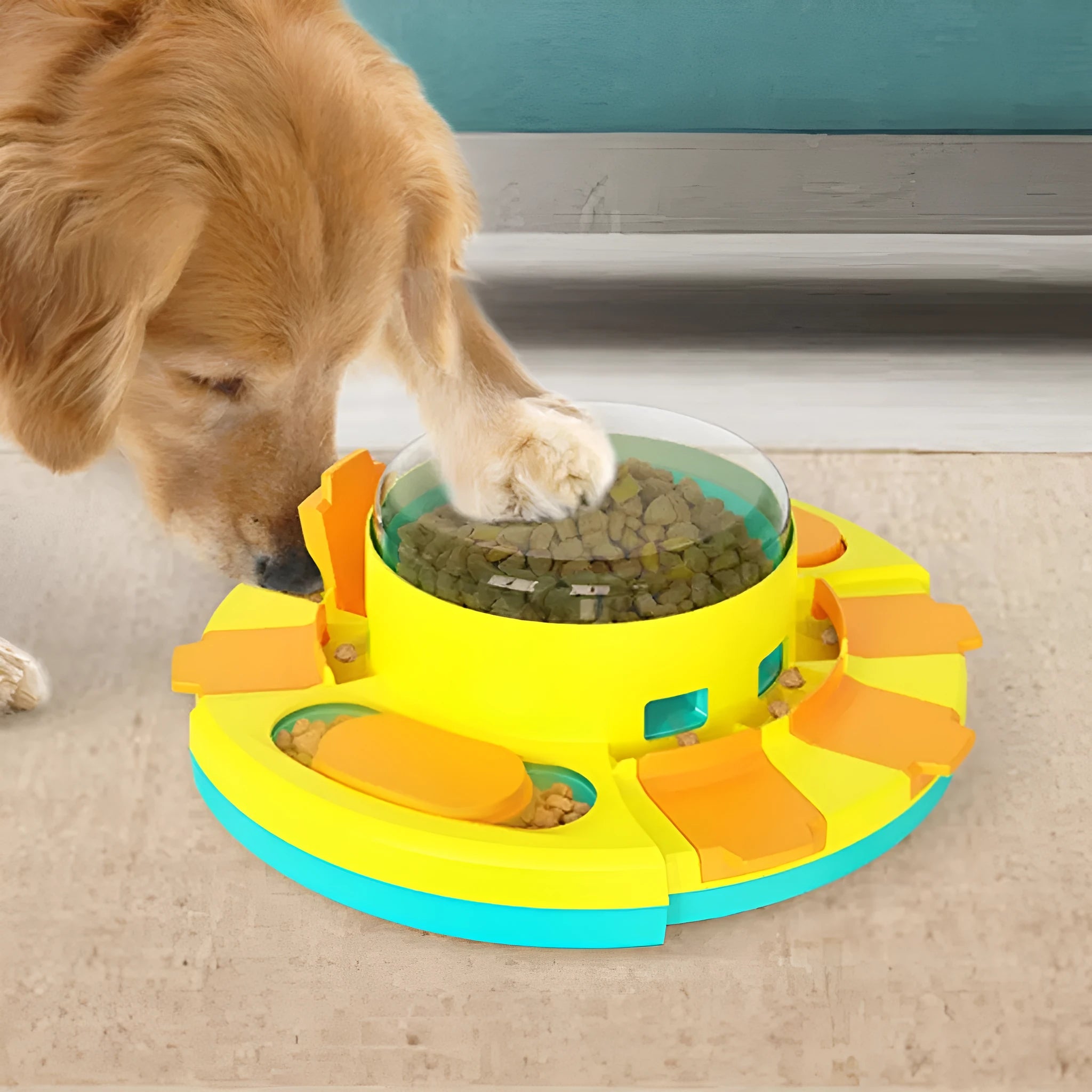 Colourful plastic pet food puzzle toys including leaky bear dog toy and bulb tumbler cat toy