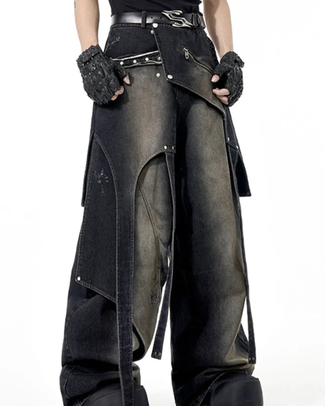 Deconstruction worn jeans for teenagers, cotton denim with zip front, in sizes S M L XL
