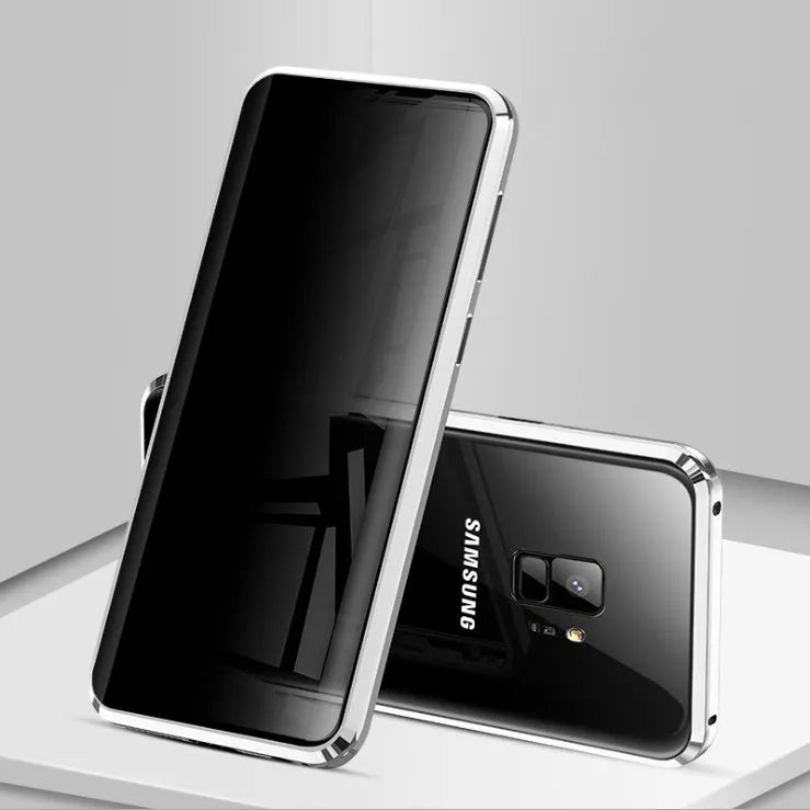 Black clamshell anti-peeping magnetic phone case for Samsung Galaxy shown open and closed.