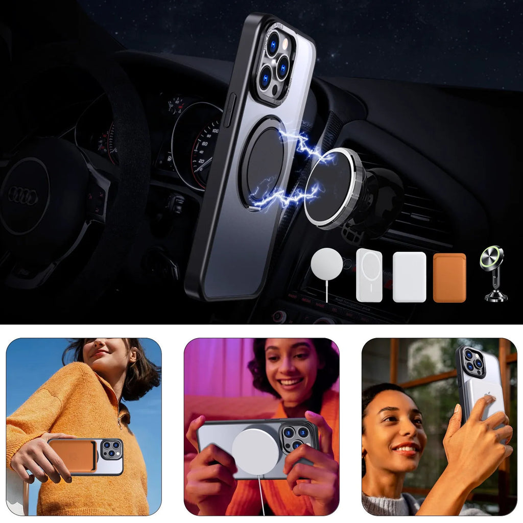 Gear rotating 360 bracket phone case for iPhone 13 in black with frosted back and bracket extended