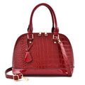 Women's shiny PU leather crossbody shoulder bag showing black, brown, and red colour options with 22x30x15cm dimensions