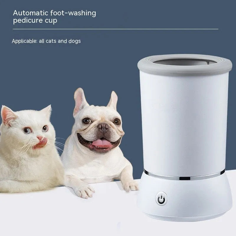 White and blue pet paw cleaning cup with silicone bristles for dogs and cats