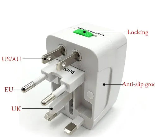 Compact universal travel plug converter adapter for multi-country mobile phone charging.