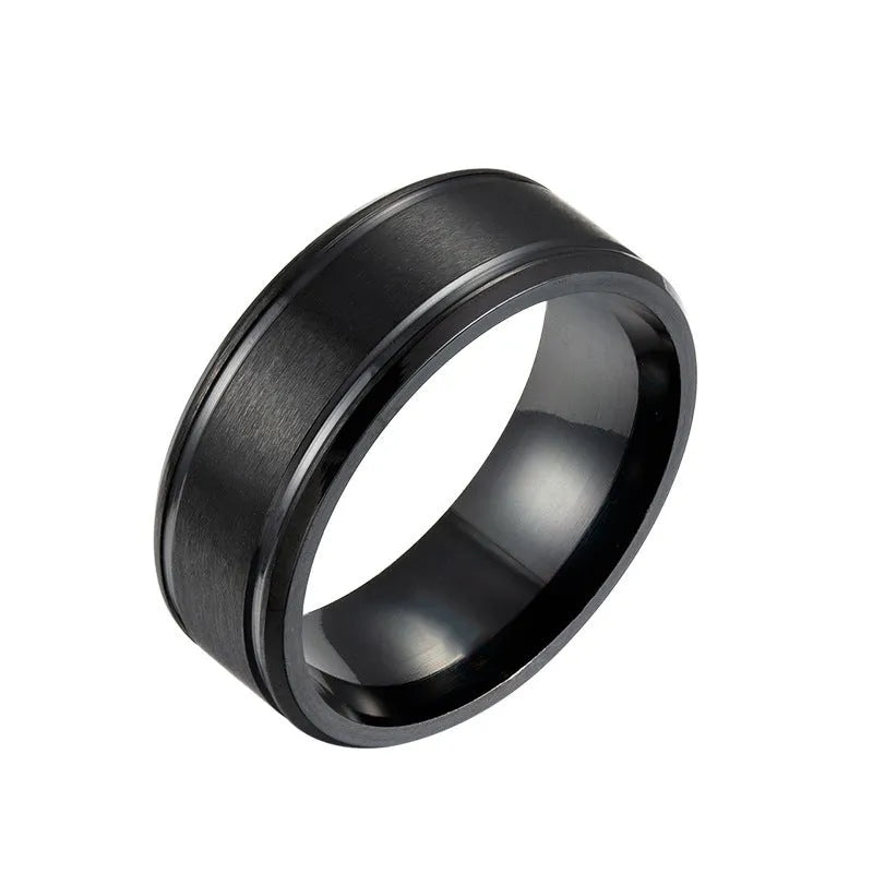8mm stainless steel unisex ring with geometric circle design in black, gold or silver, sizes 5 to 14