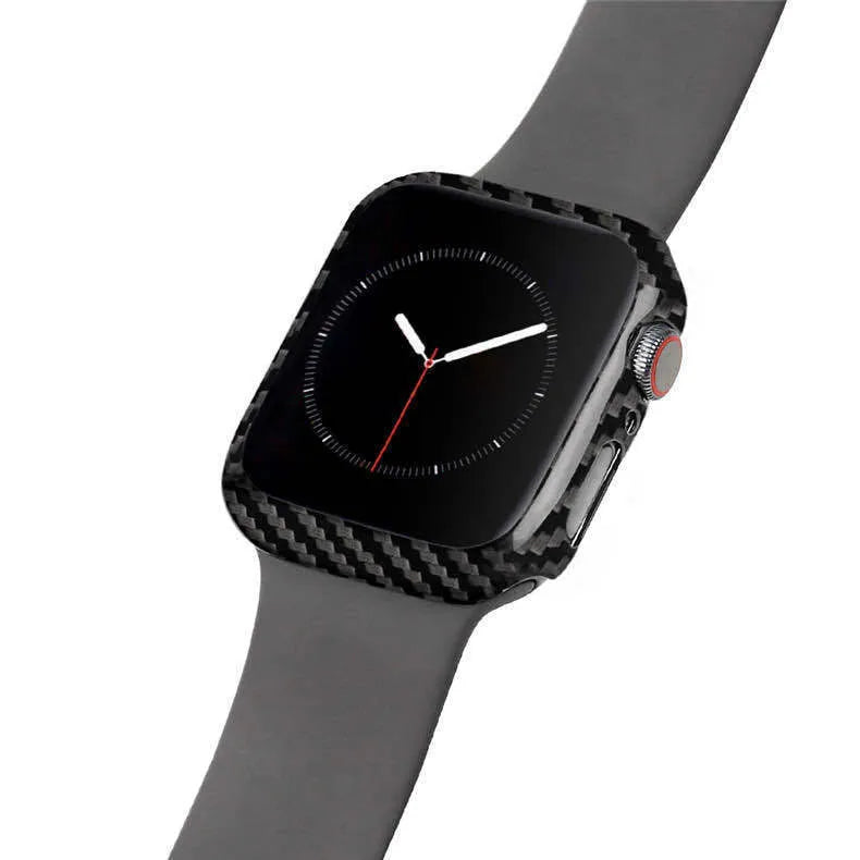Apple Watch 4 carbon fibre half wrap leather case in 44mm size showing bright black and matt black colour options
