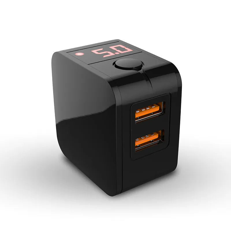 5V 2.4A dual USB travel charger with digital display in black, white, or red.