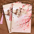 Retro Chinese style line-bound notebook with watercolour Azalea cover showing flat-open binding