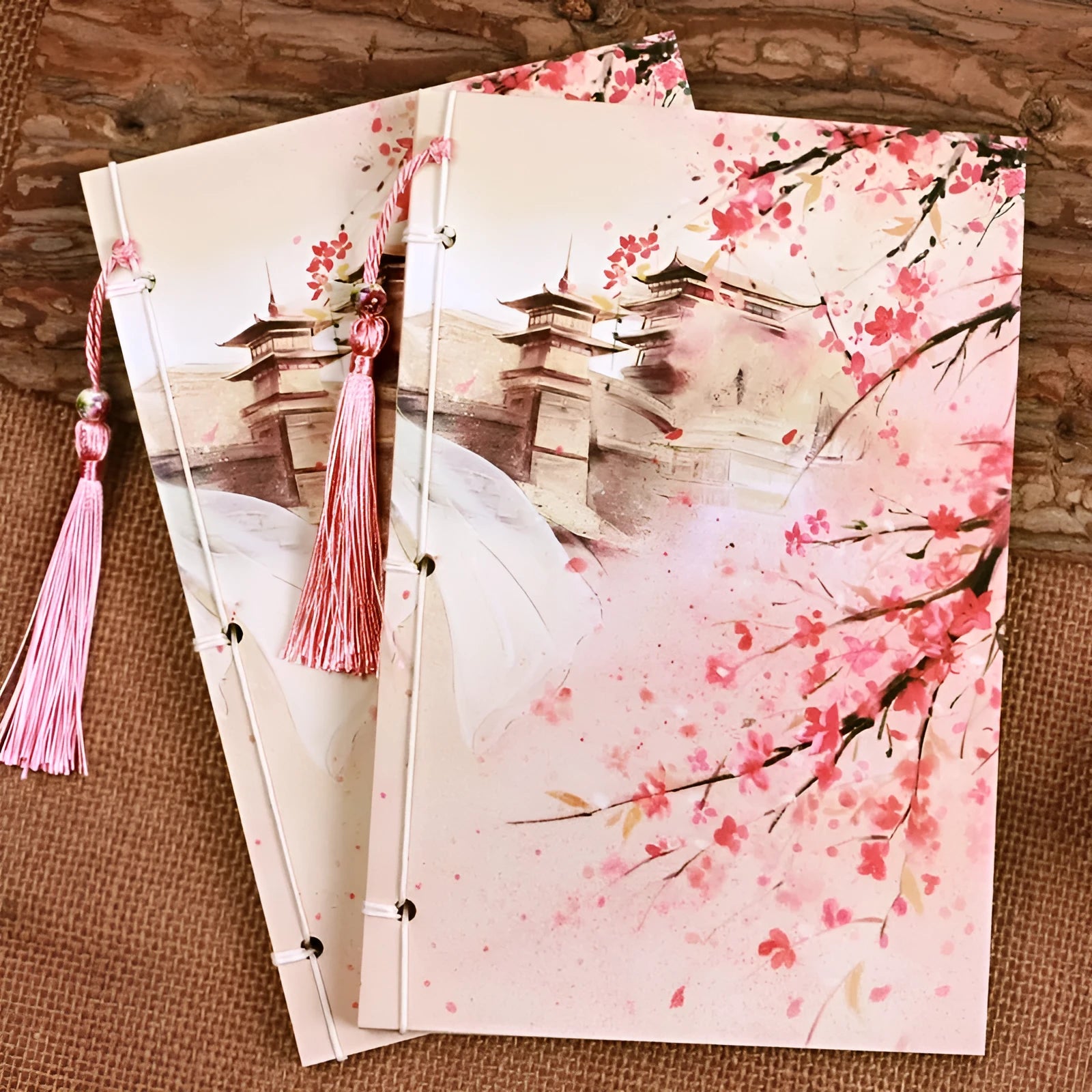 Retro Chinese style line-bound notebook with watercolour Azalea cover showing flat-open binding