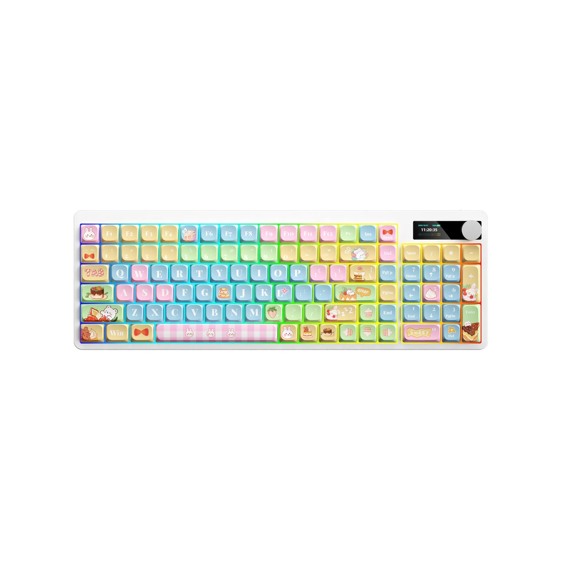 Black iron case mechanical keyboard with RGB backlight and full key layout on a desk.