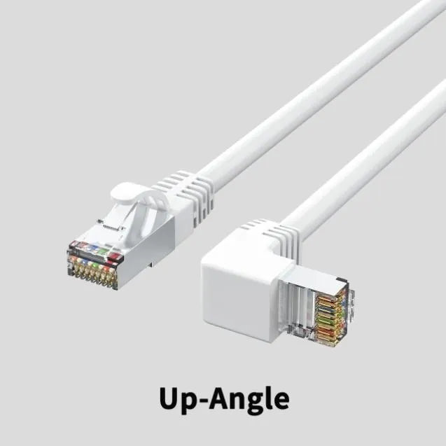 Cat6 Ethernet cable with a right-angle black RJ45 connector alongside cables in white, red, and yellow.