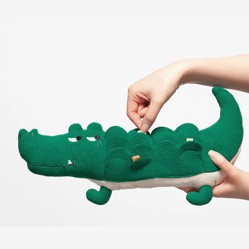 Green plush toy dog measuring 35cm long, designed as durable interactive pet toy