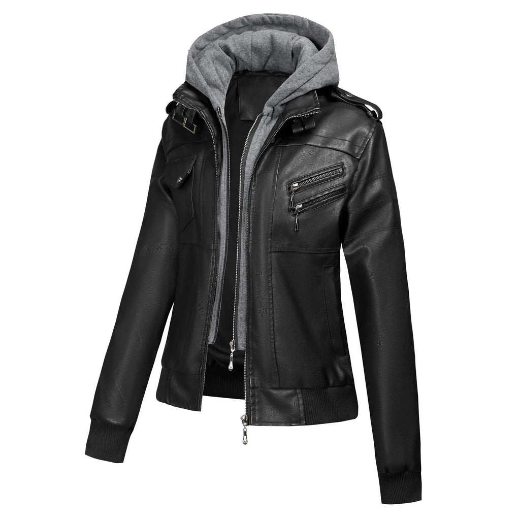 Women's black faux leather loose fit motorcycle jacket with pockets, street hipster style