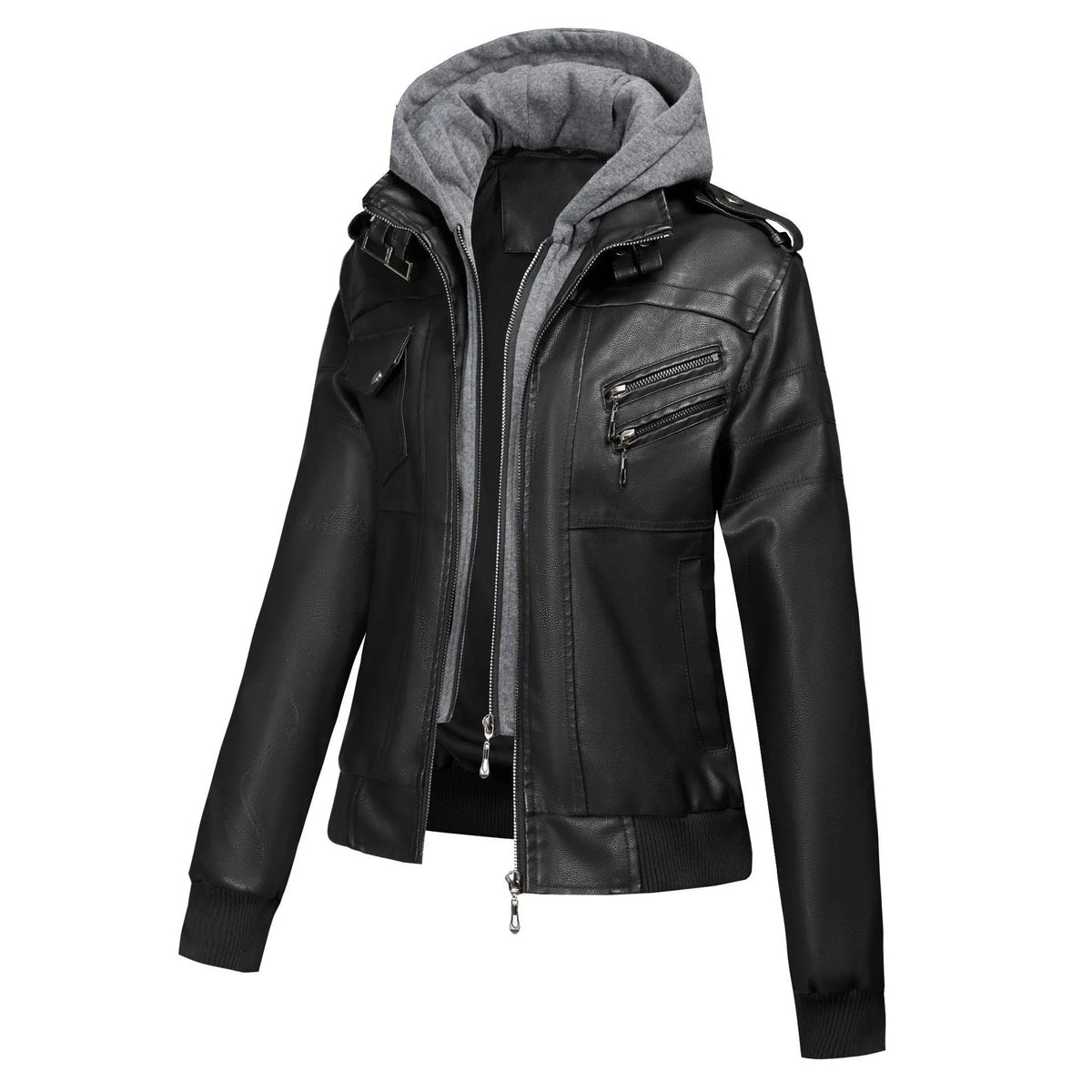 Women's black faux leather loose fit motorcycle jacket with pockets, street hipster style