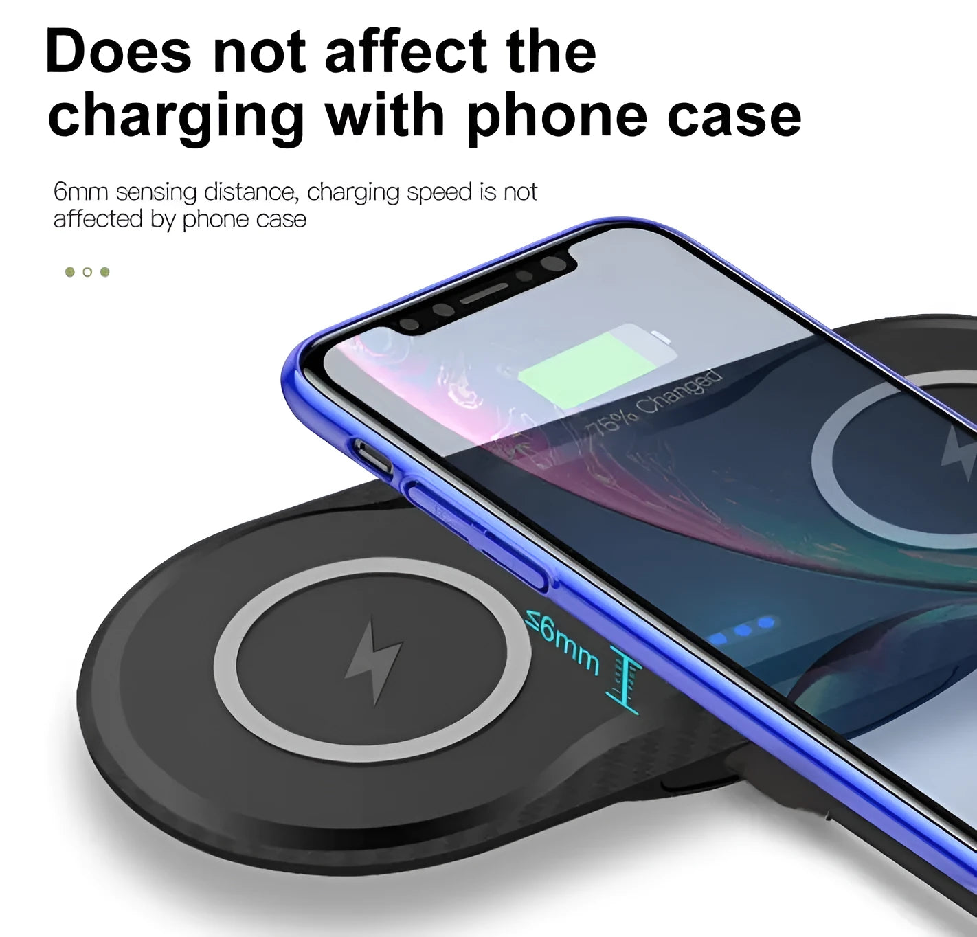 Black and white dual wireless charging pad with two phones charging simultaneously
