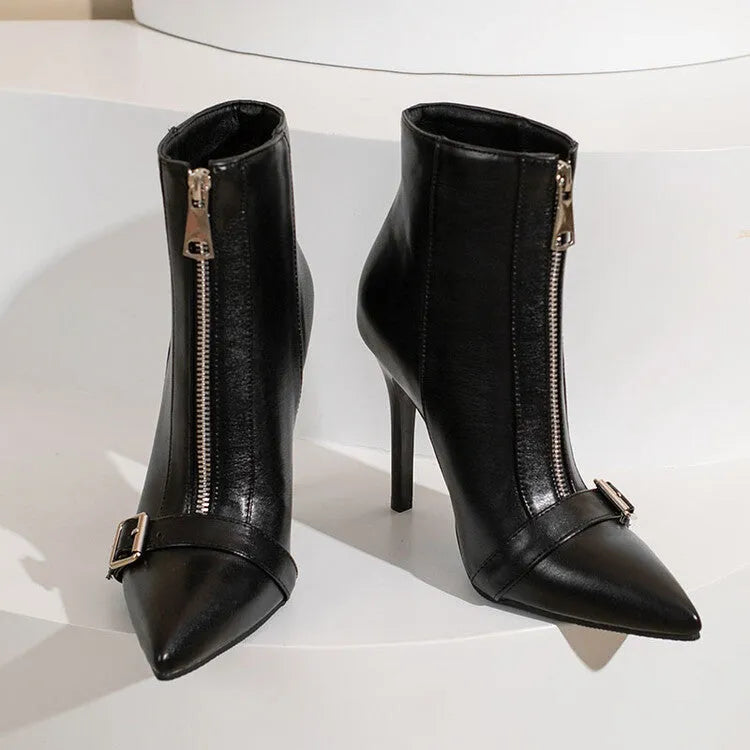 Women's belt buckle front zipper high heel boots in black artificial PU with low tube shaft