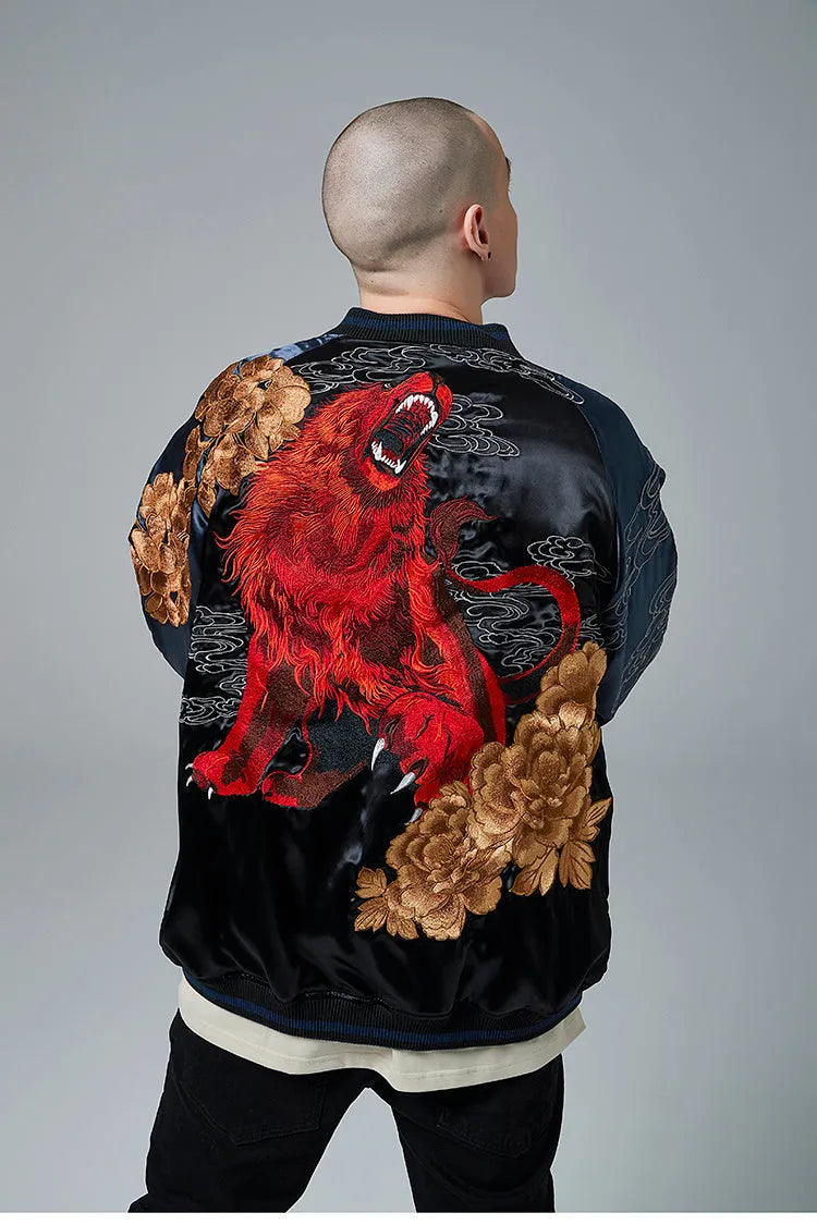 Men's satin jacket with lion king embroidery and animal pattern in champagne or faint blue, sizes M-3XL