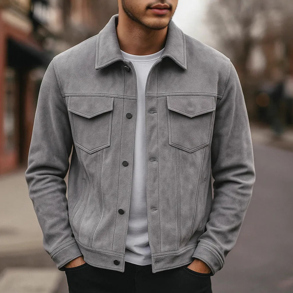 Deer Suede men's winter lapel work jacket in brown with 3D patch pockets and loose fit