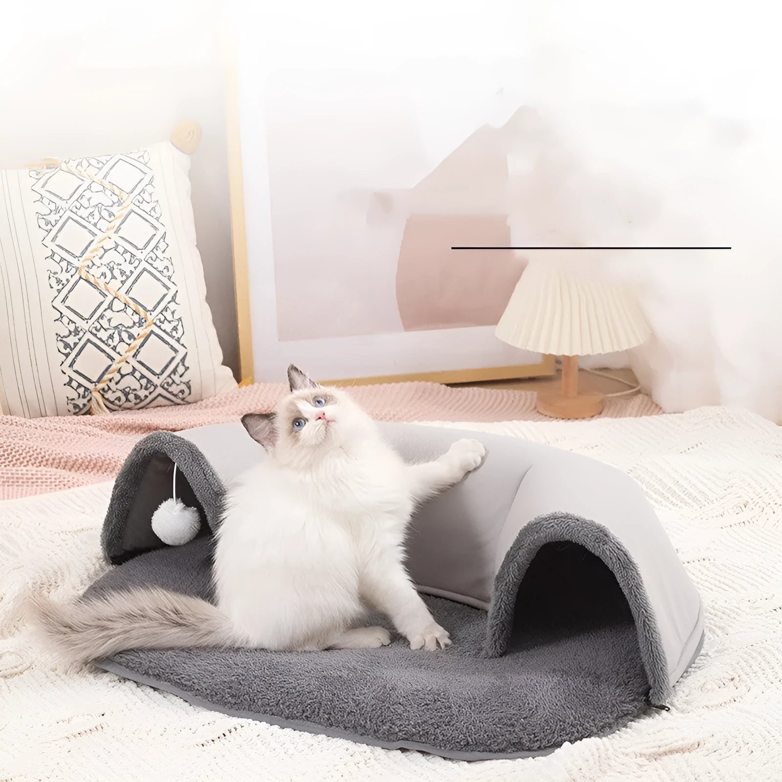 Oval plush cat tunnel nest with artificial leather and cotton velvet in small size