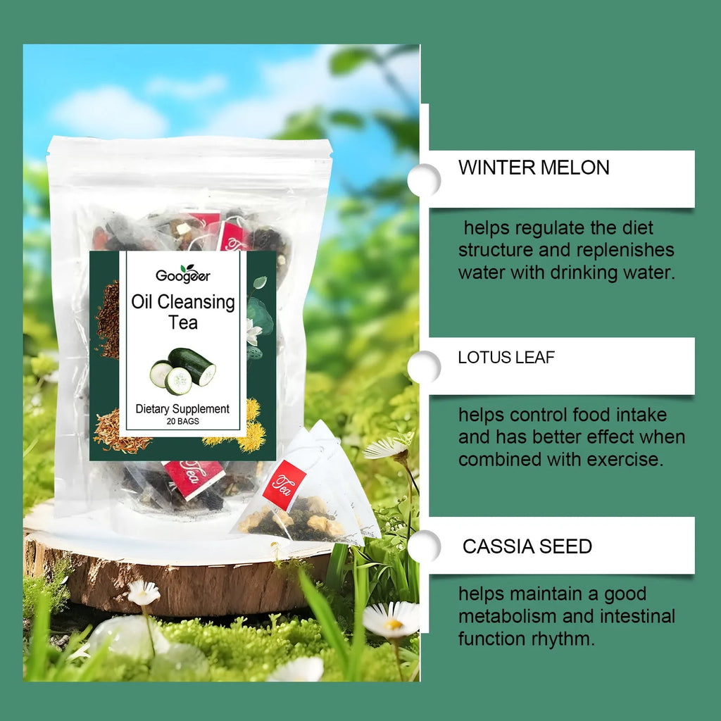 Pack of Googeer oil cleansing herbal tea body treatment with 20 individual tea bags.