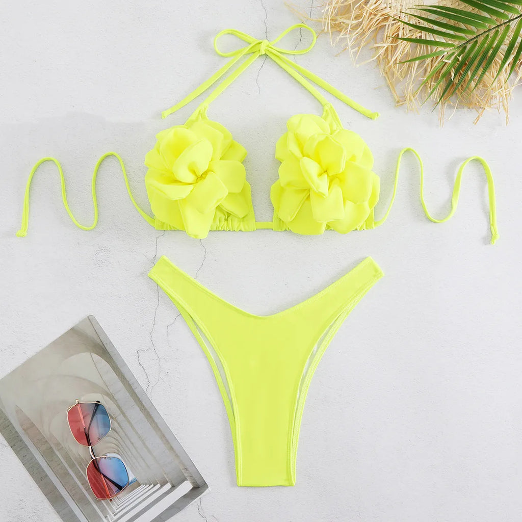 Three-dimensional 3D flower low waist bikini swimsuit in solid colour with backless design