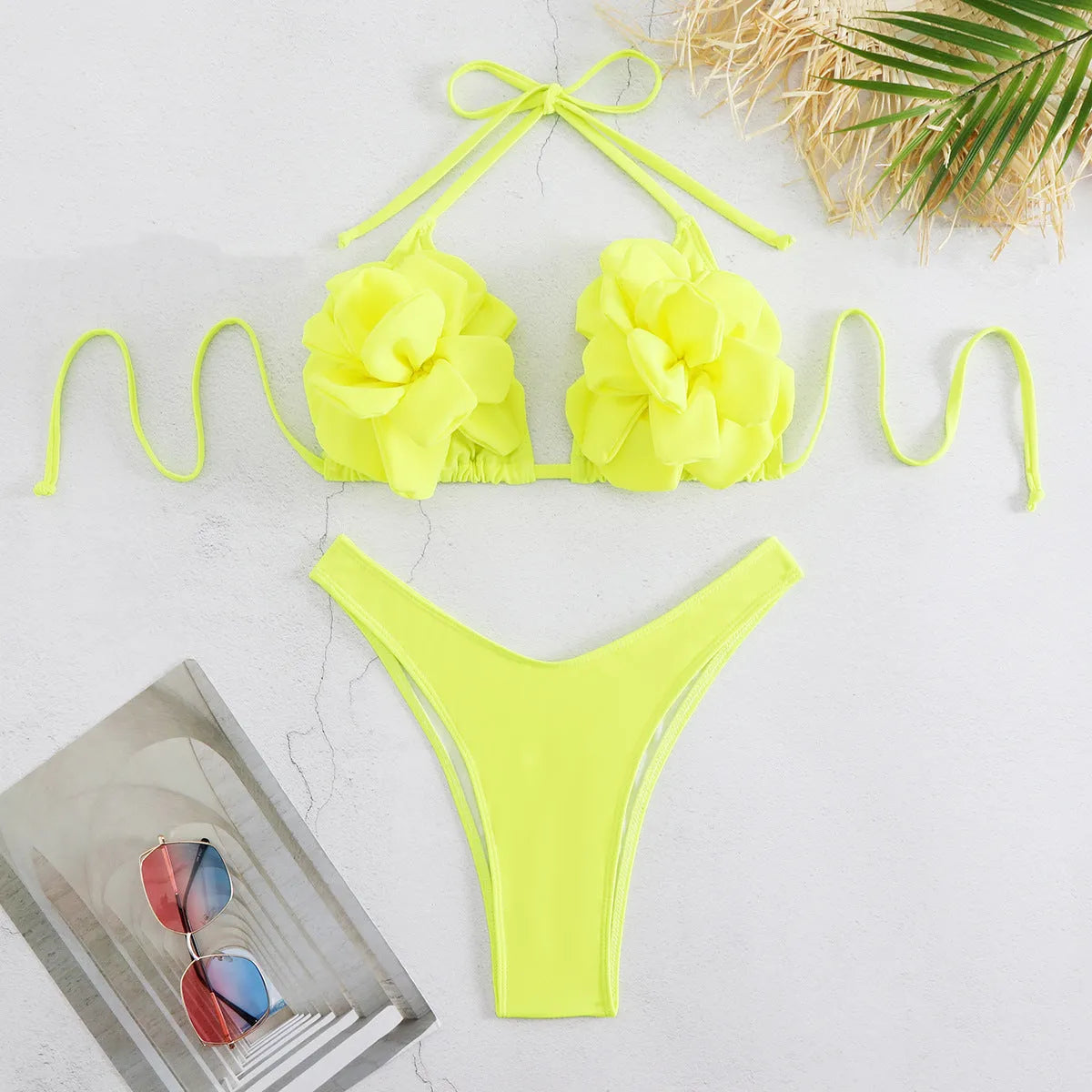 Three-dimensional 3D flower low waist bikini swimsuit in solid colour with backless design
