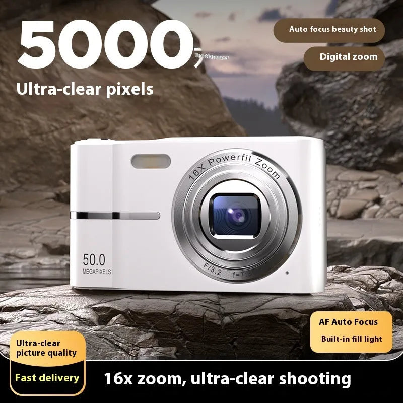 Compact HD 4K digital camera in black, green, pink, or white with full HD screen.