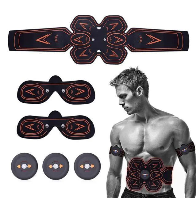 EMS abdominal muscle stimulator sticker in PU gel with rechargeable device and USB cable, available in Blue, Blue spot and Orange.