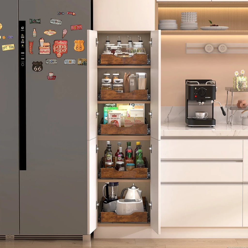 Black modern storage rack with wood frame and iron pull-out basket drawers for kitchen organisation.