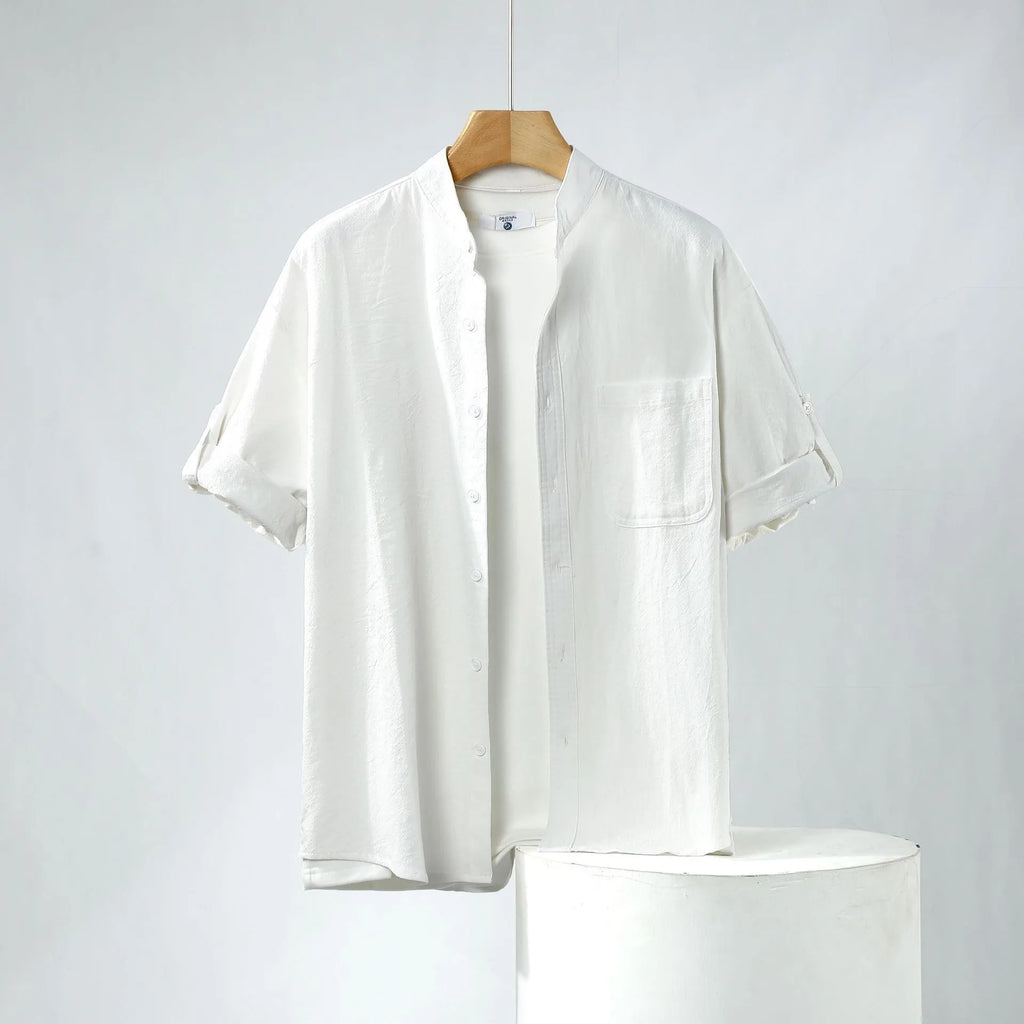 Men's loose short sleeve linen shirt in cotton blend with stand collar.