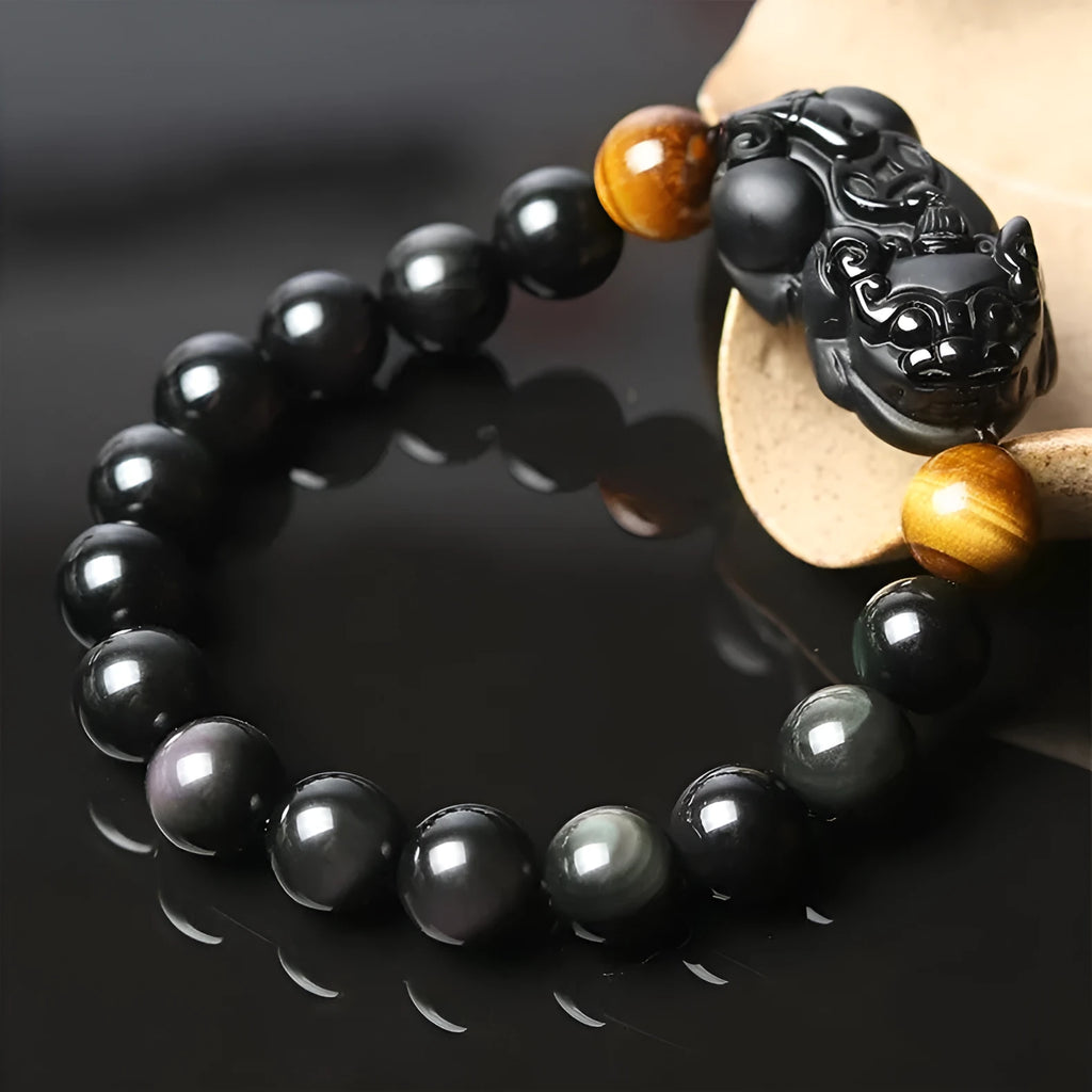 Black Mexico Gold Sheen Obsidian Pi Xiu crystal bracelet with ethnic design