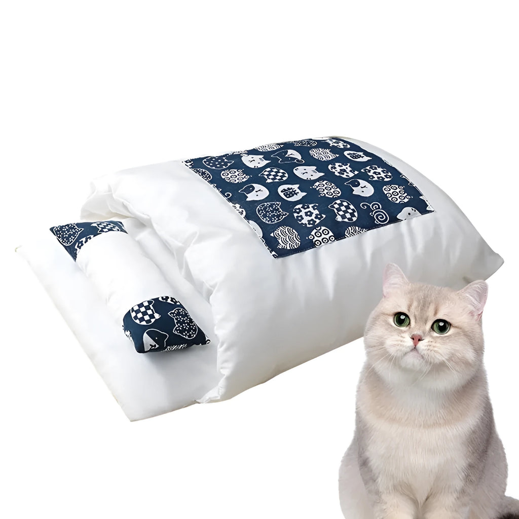 Winter pet bed with removable sleeping bag for cats and dogs in beige