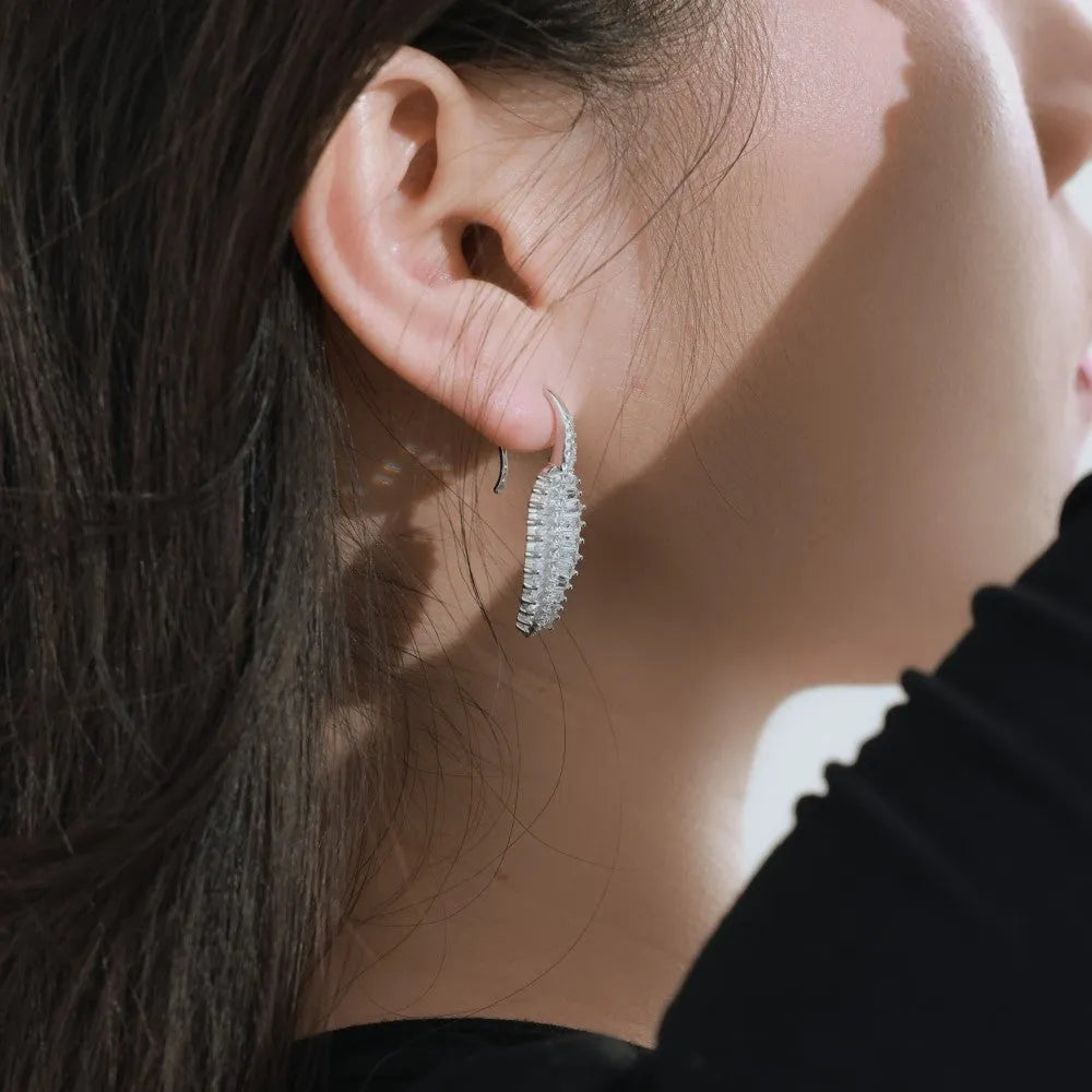 S925 sterling silver stud earrings with leaf and zircon detail, 11.6mm x 35.2mm, gold or platinum
