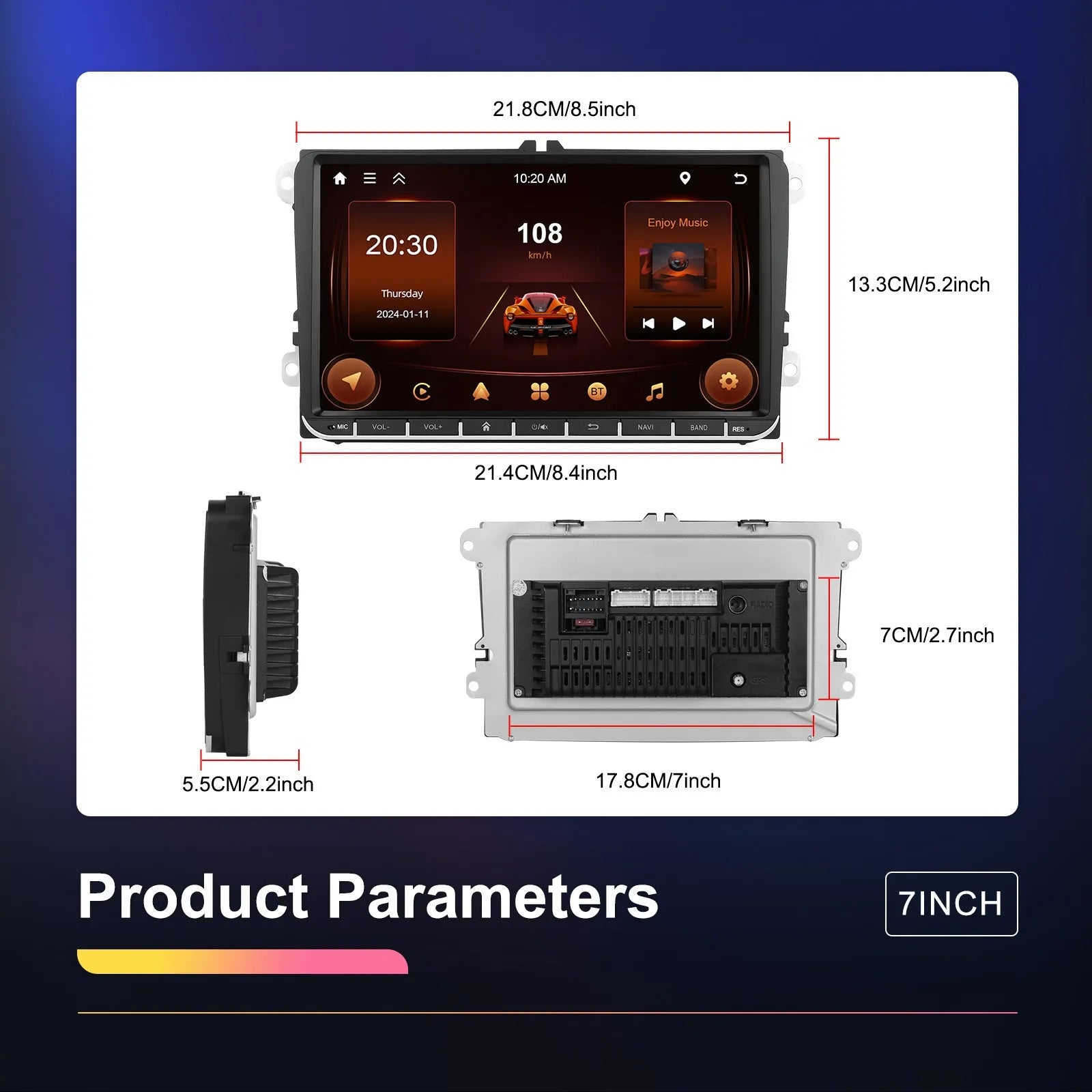7-inch touchscreen Android car stereo for Volkswagen with wireless CarPlay displayed.