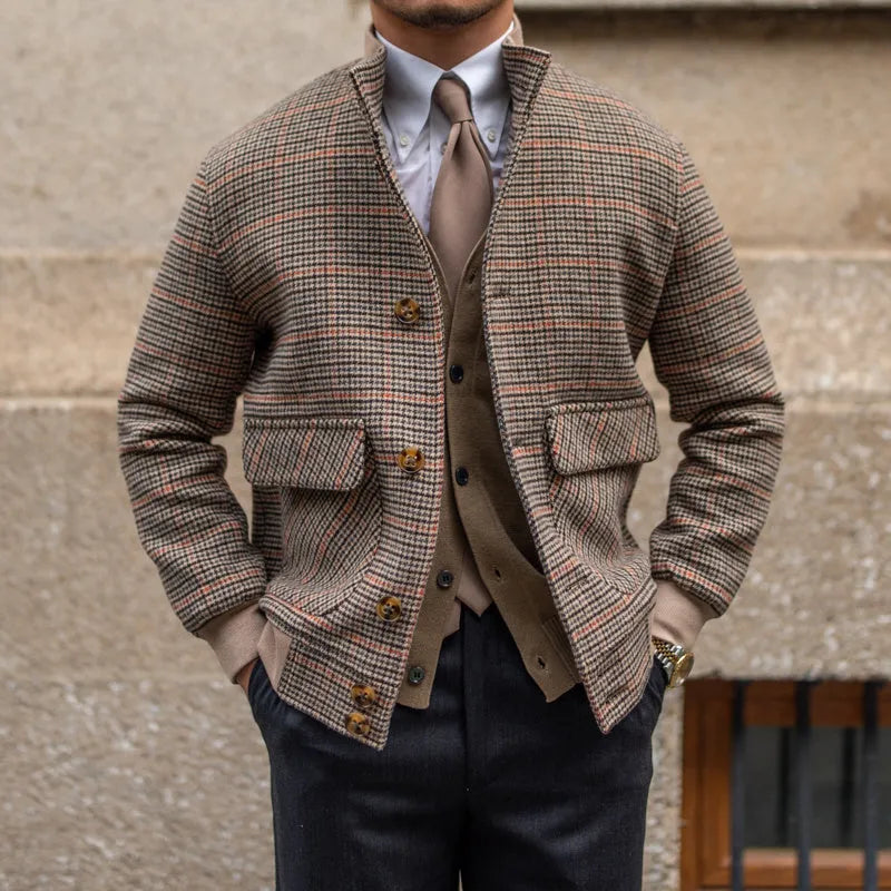 Brown wool blend tweed fleece cropped slim-fit bomber jacket with stand-up collar and front zip