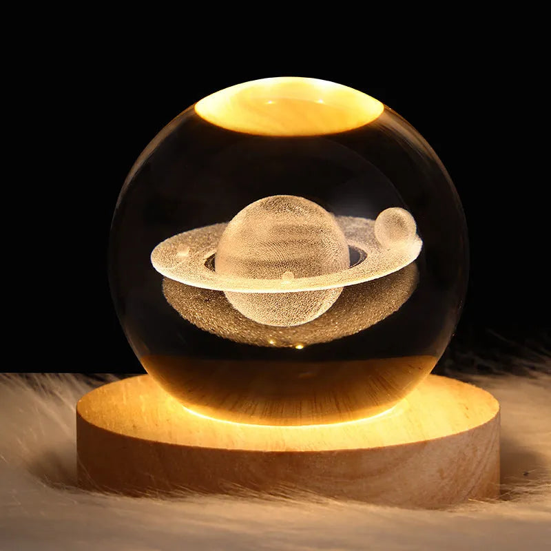 6cm galaxy crystal ball LED night light showing 3D planet patterns with USB power cable