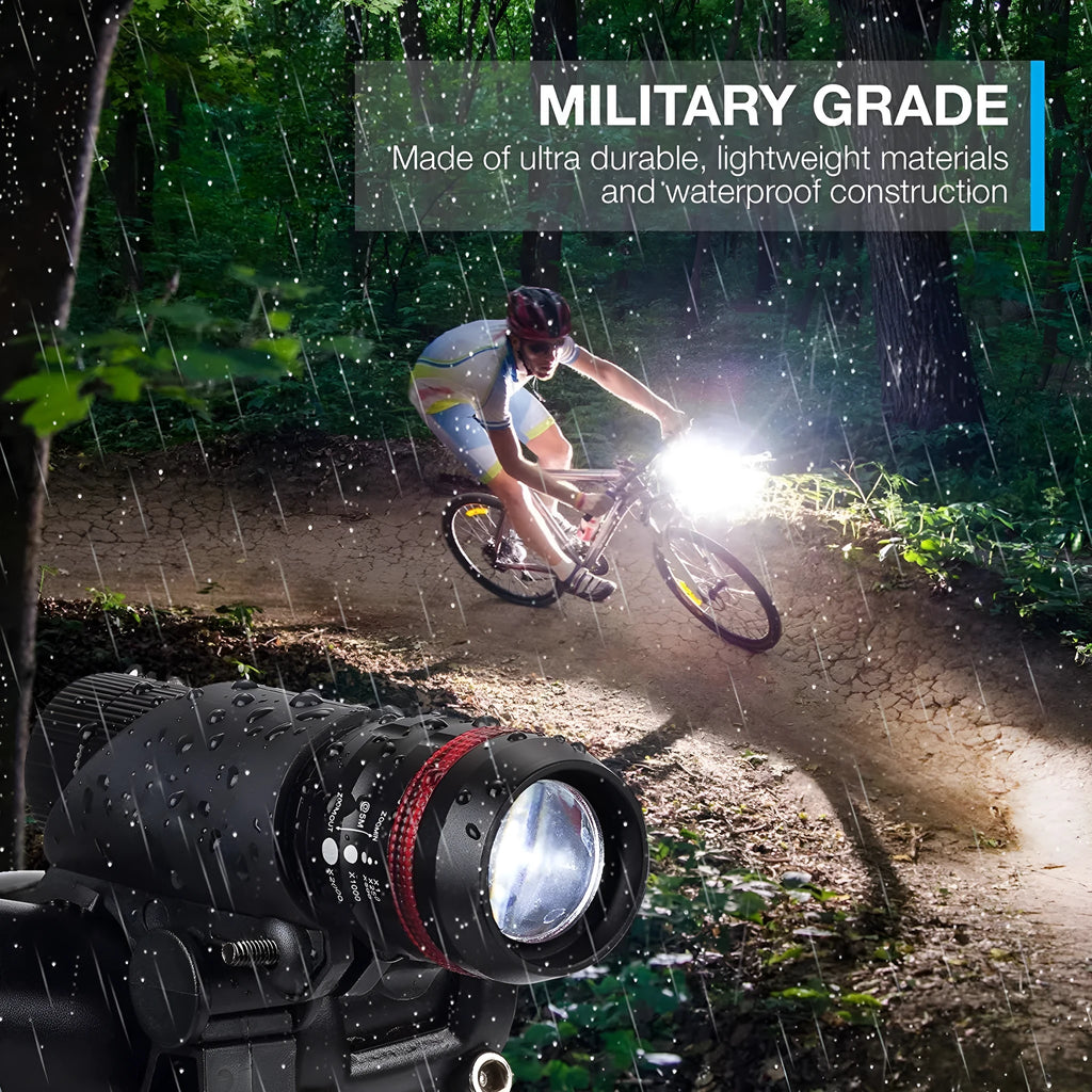 Bicycle headlight and red taillight set with a universal handlebar mounting bracket.