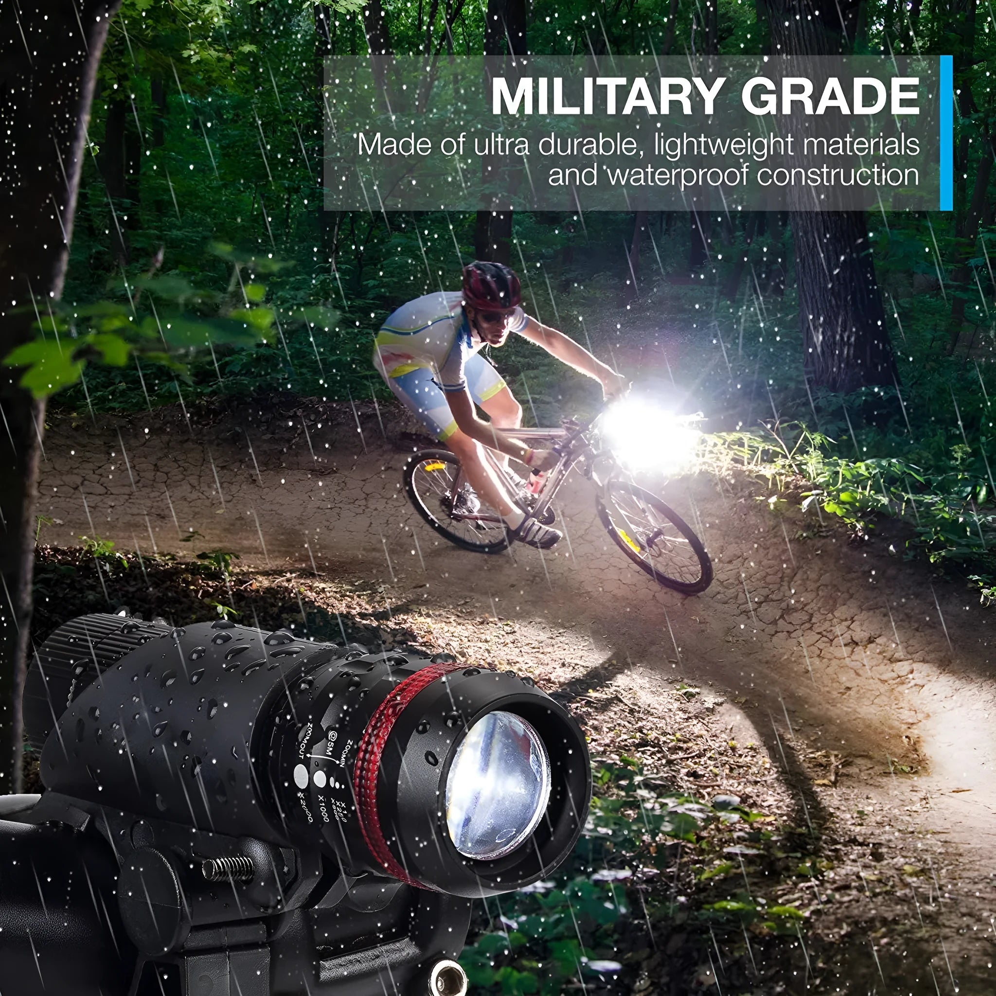 Bicycle headlight and red taillight set with a universal handlebar mounting bracket.