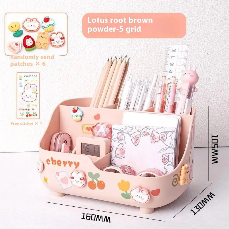 Plastic student desktop pencil case with 5 grid storage compartments, pens inside, in a milky white colour with stickers