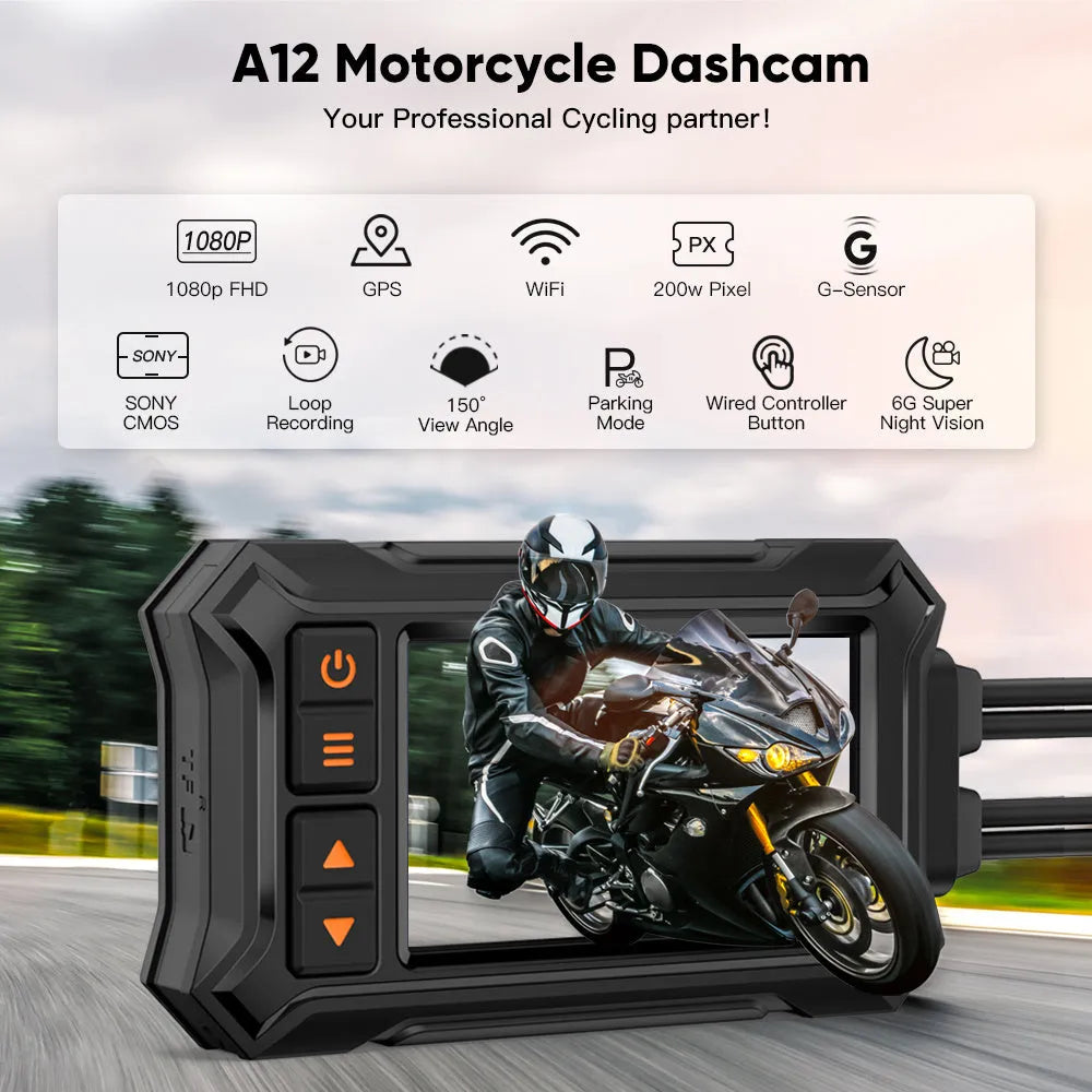 Motorcycle dual lens GPS tachograph recorder with waterproof host unit and mounting accessories.